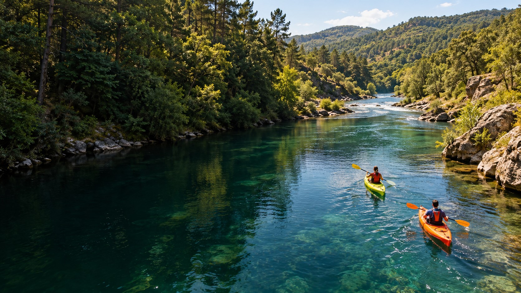Paisagem ilustrativa de um rio e encostas florestadas, inspirada no centro de Portugal
