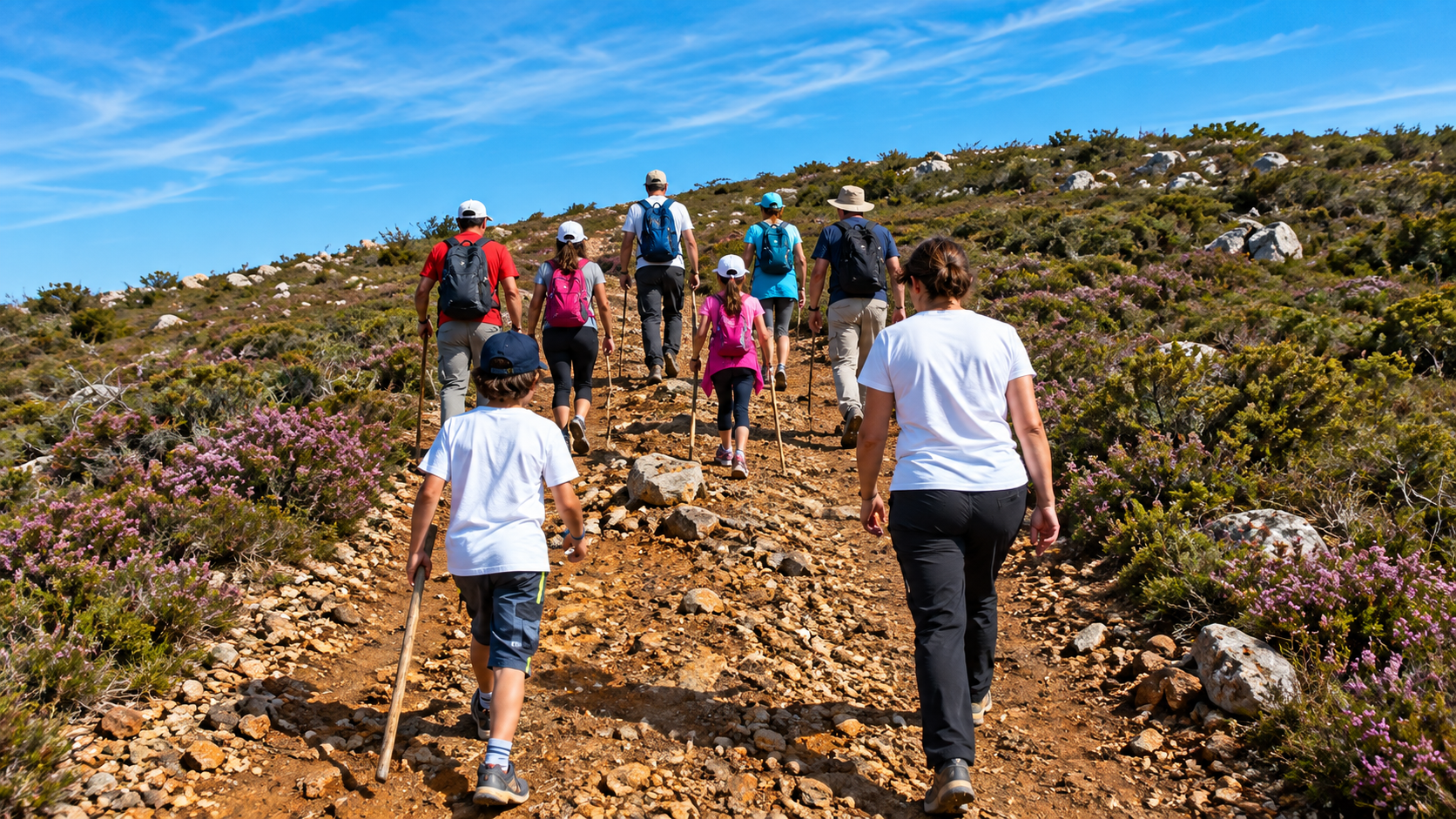 Imagem ilustrativa de uma caminhada em grupo num trilho de serra, baseada na fotografia da associação