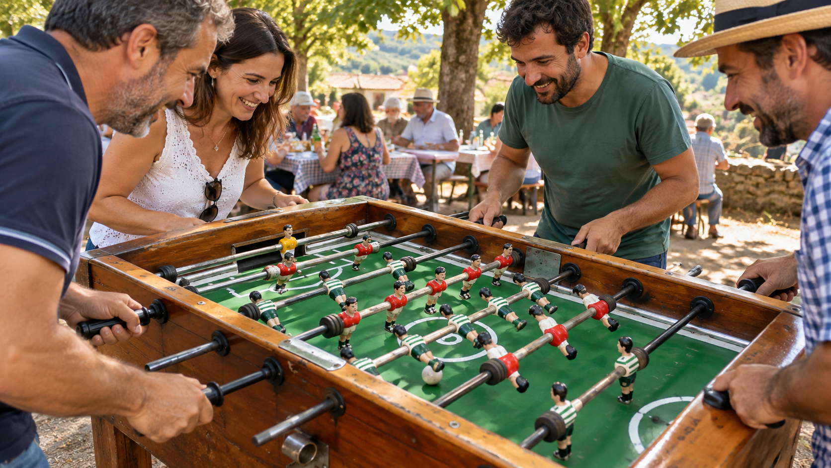 Imagem ilustrativa de um convívio com uma mesa de matraquilhos tradicional em madeira