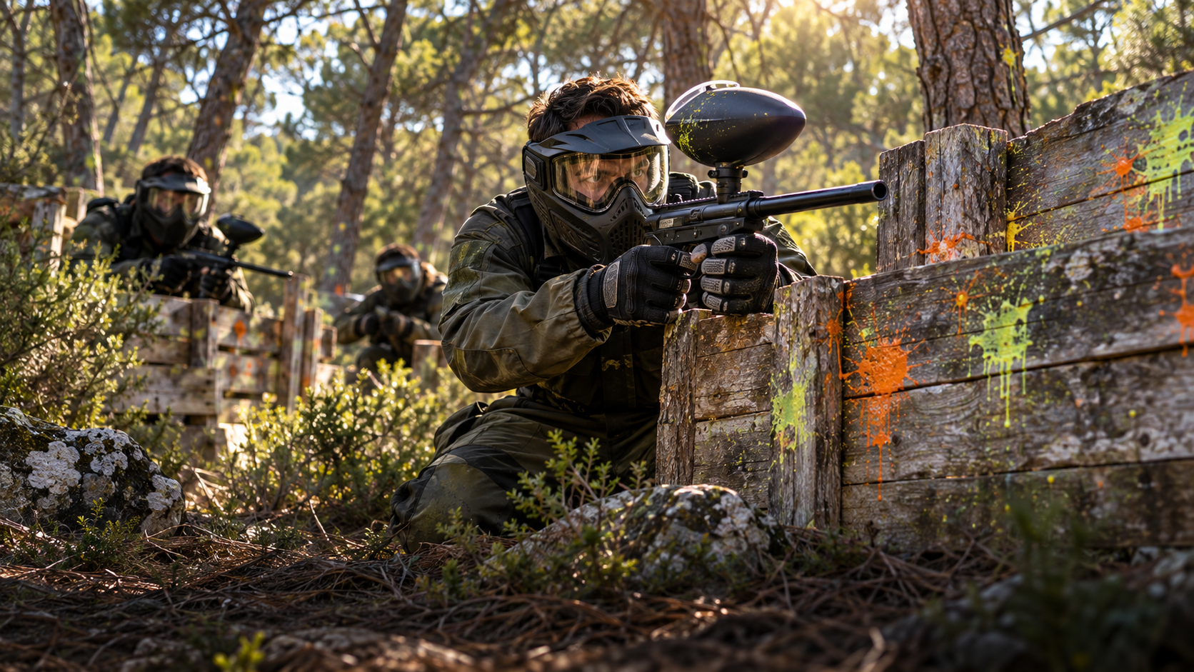 Imagem ilustrativa de uma equipa de paintball em ação na floresta